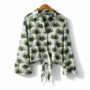 BOUTIQUE Palm Leaf Linen Cotton Tie Front Blouse Bell Button Up Resort Top